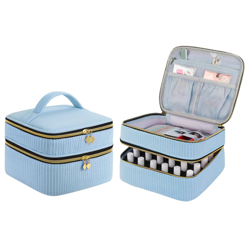 ZFZGFRCS front view of blue organizer showing compact design and zippers for easy transport