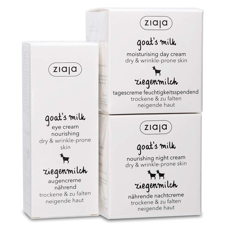 Ziaja Goat's Milk bundle front packaging showing three cream tubes and clear labeling for easy selection