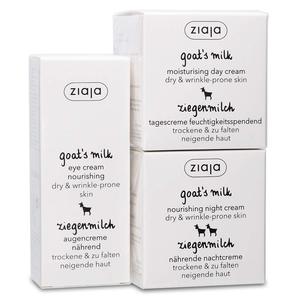 Ziaja Goat's Milk bundle front packaging showing three cream tubes and clear labeling for easy selection