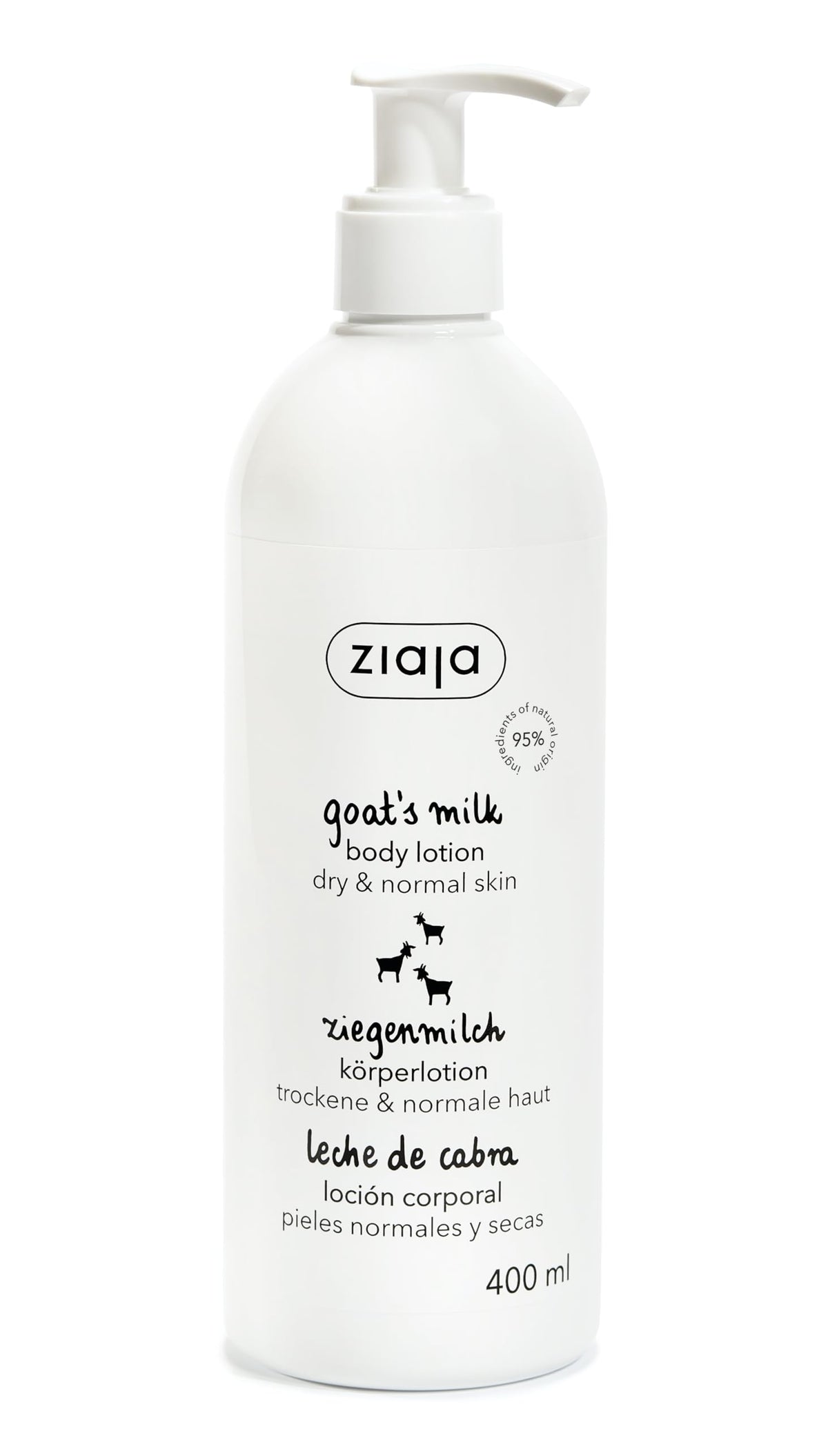 Ziaja goat's milk bottle front view showing label and size, clear nourishing benefit