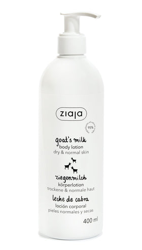 Ziaja goat's milk bottle front view showing label and size, clear nourishing benefit