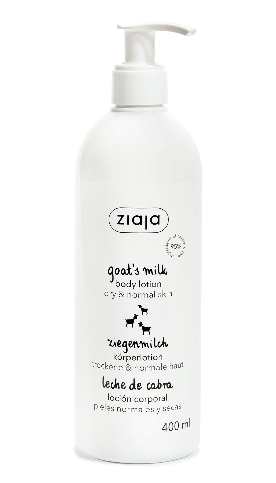 Ziaja goat's milk bottle front view showing label and size, clear nourishing benefit