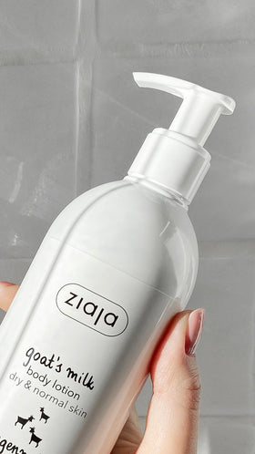 Ziaja goat's milk lotion pump and label close-up highlighting ingredients and ease