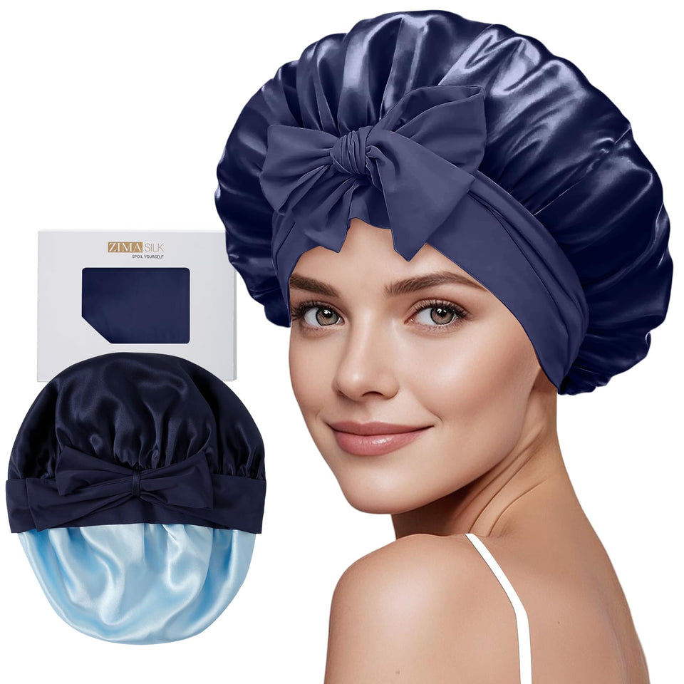 ZIMASILK bonnet front view showing navy color and neat finish for sleek protection