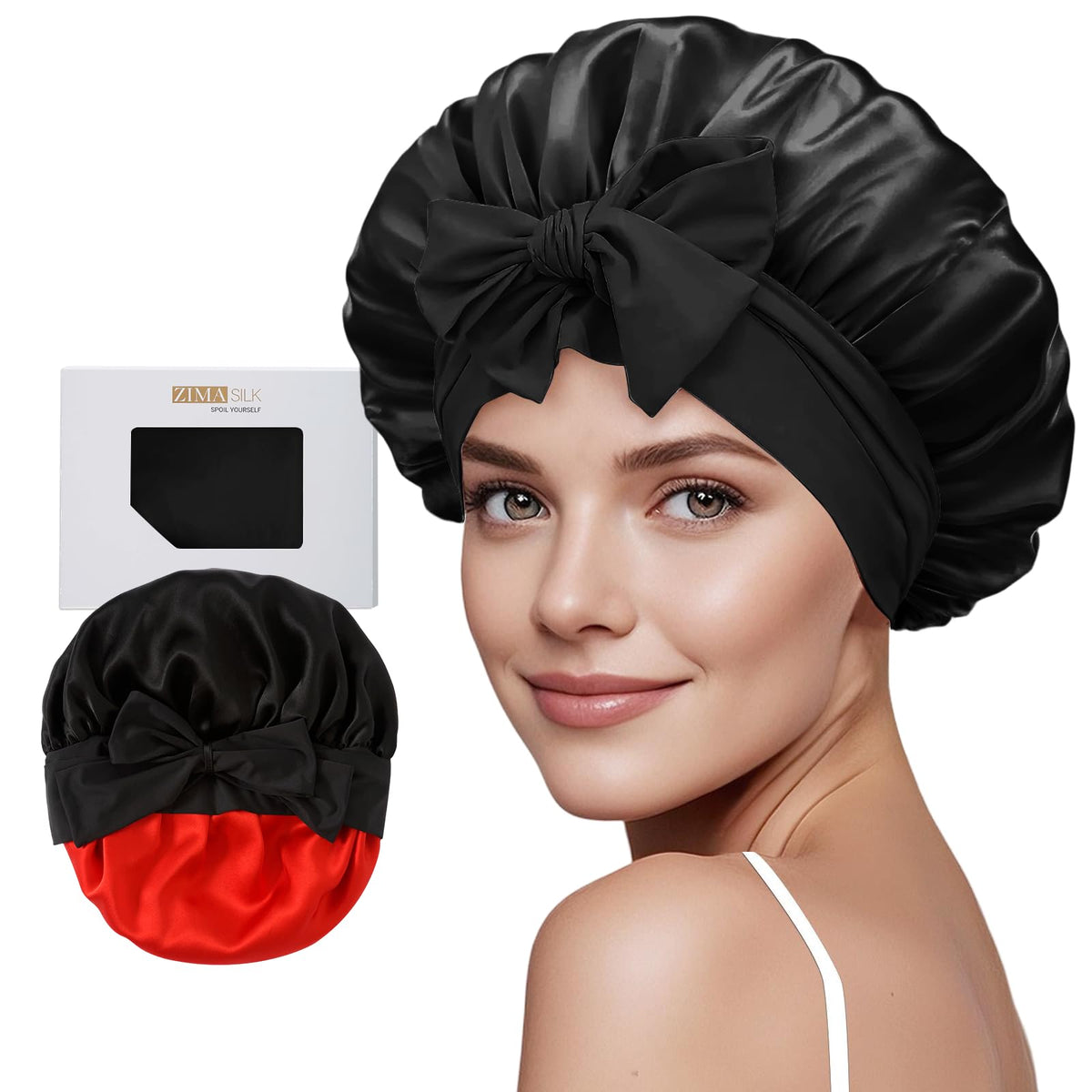 ZIMASILK bonnet front view showing sleek black silk and coverage benefit