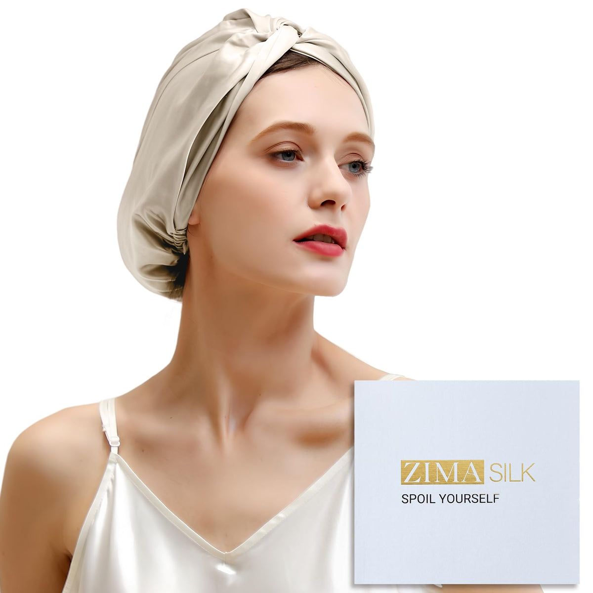 ZIMASILK cream bonnet front view shows smooth silk and elegant finish