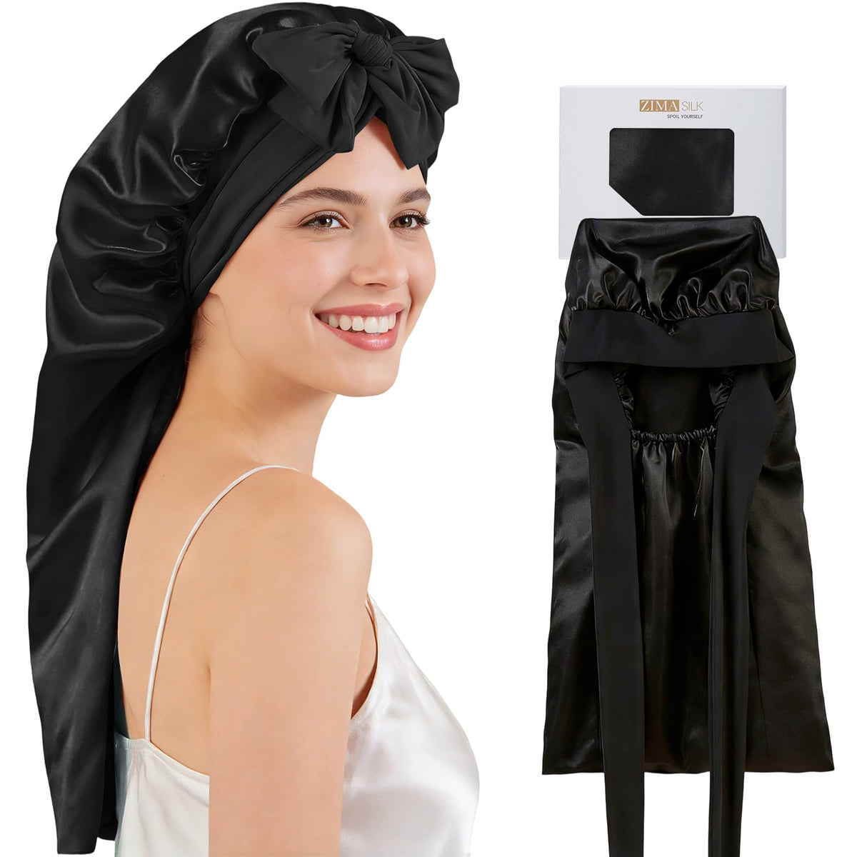 ZIMASILK front view of black silk bonnet showing elegant finish and comfort