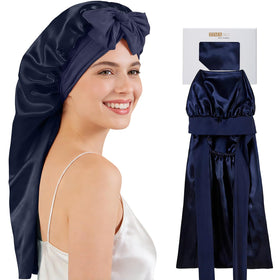 ZIMASILK front view of navy silk bonnet showing design and fit benefits