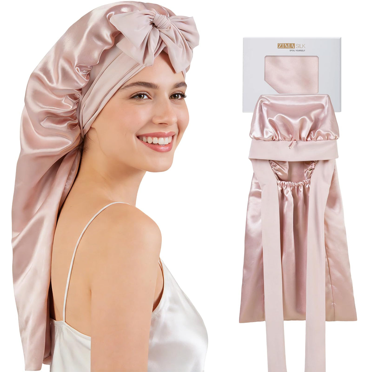 ZIMASILK front view of pink silk bonnet showing elegant fit and protective coverage