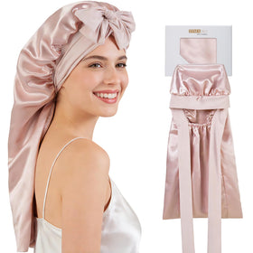 ZIMASILK front view of pink silk bonnet showing elegant fit and protective coverage