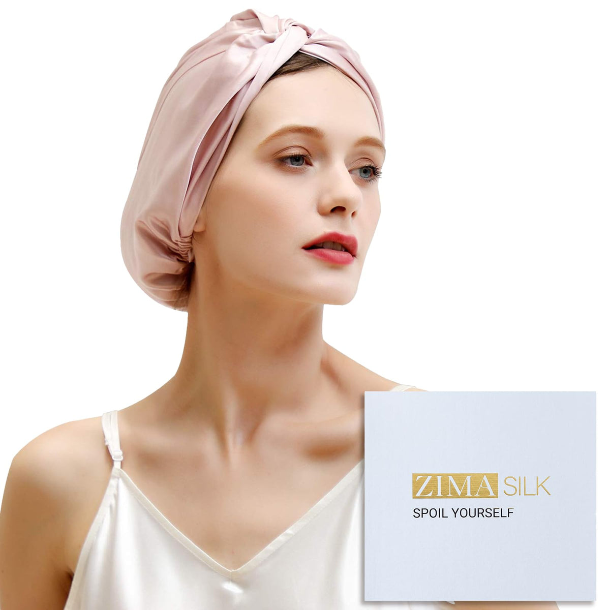 ZIMASILK bonnet front view showing soft pink silk and neat finish protecting hair