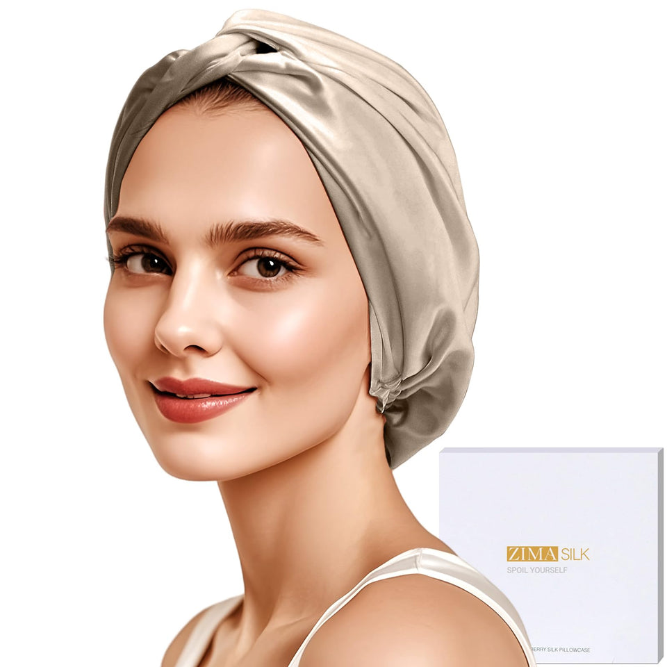 ZIMASILK front view taupe bonnet showing elegant fit and protection