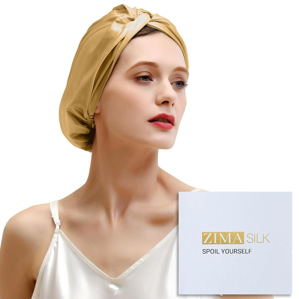 ZIMASILK gold bonnet front view showing smooth silk and fit benefits