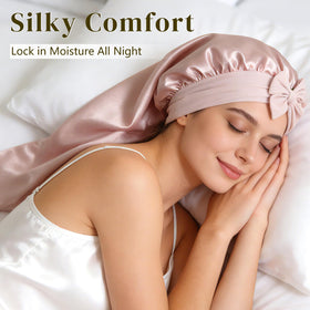 ZIMASILK woman sleeping with bonnet showing secure overnight hold and frizz reduction