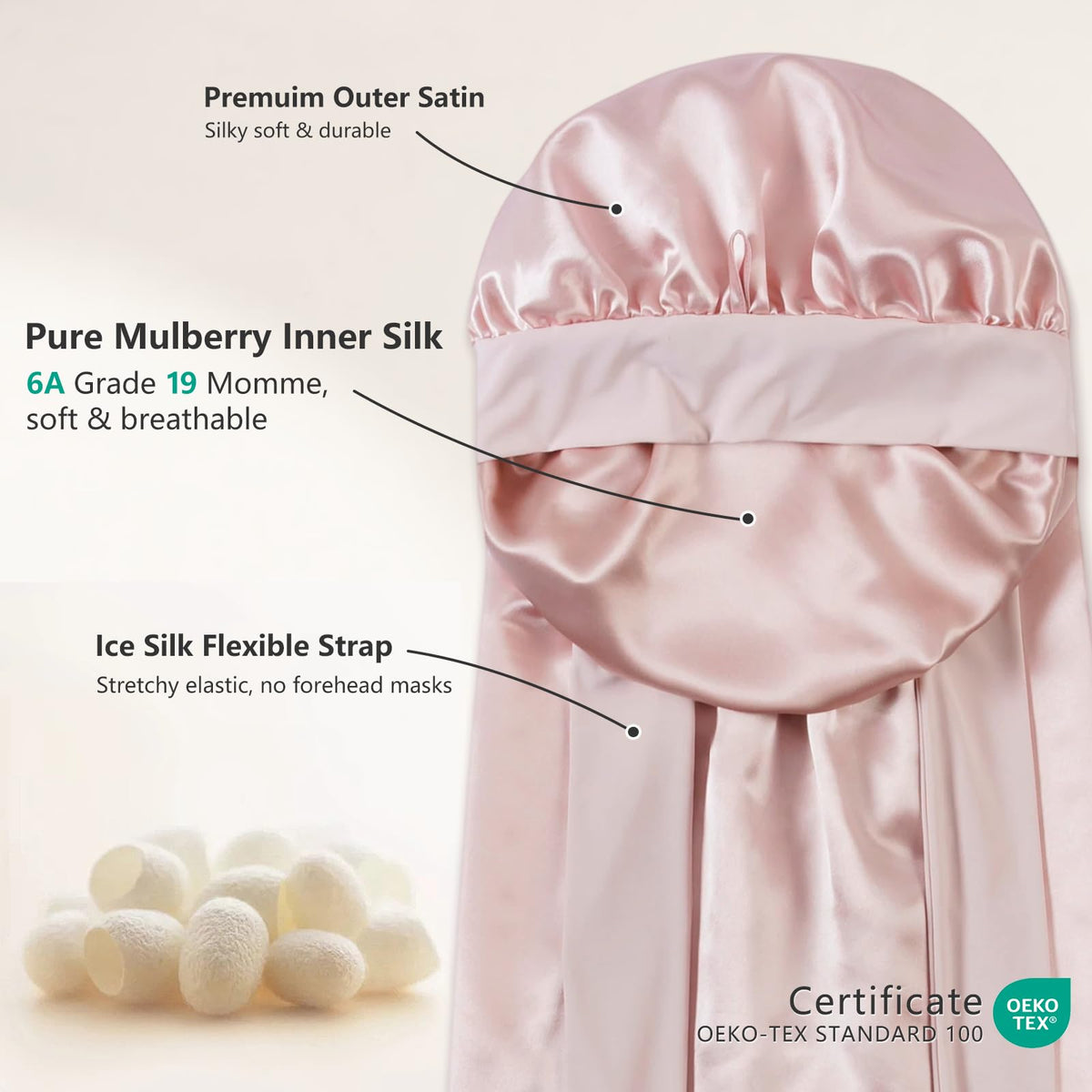 ZIMASILK close-up of 100% mulberry silk inner fabric highlighting smooth texture benefit