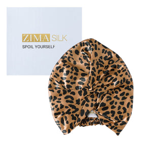 ZIMASILK bonnet front view showing leopard black golden pattern and elegant finish