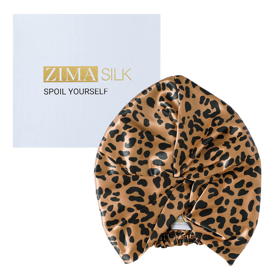 ZIMASILK bonnet front view showing leopard black golden pattern and elegant finish