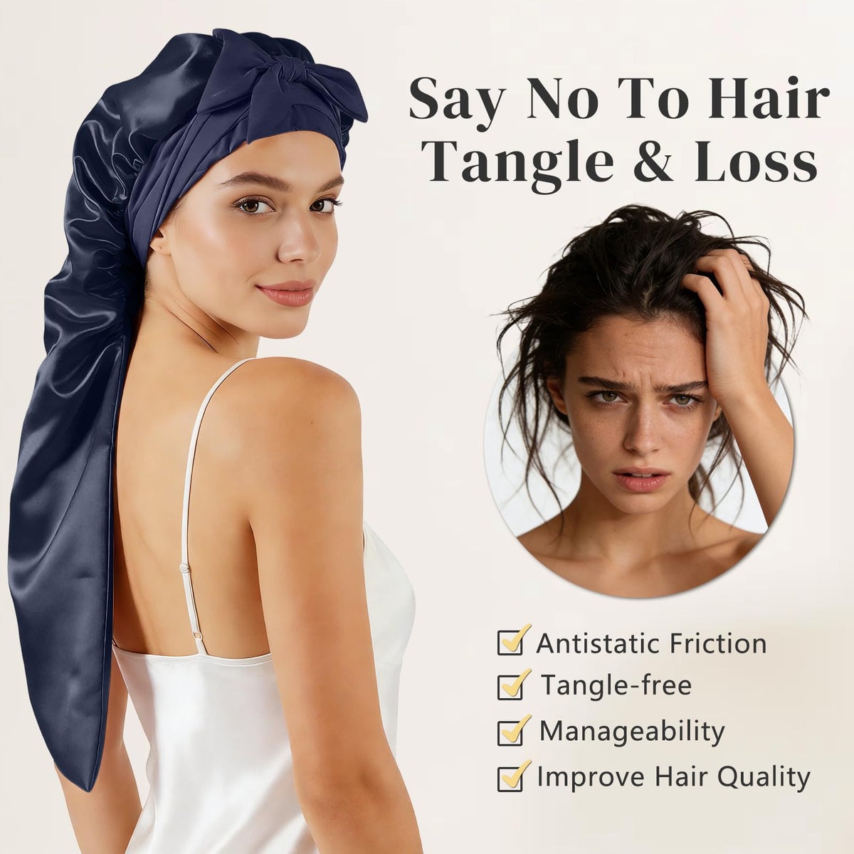 ZIMASILK bonnet worn by model holding long hair, preventing frizz