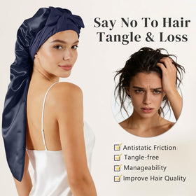 ZIMASILK bonnet worn by model holding long hair, preventing frizz