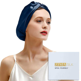 ZIMASILK navy bonnet front view showing smooth silk and secure fit benefit