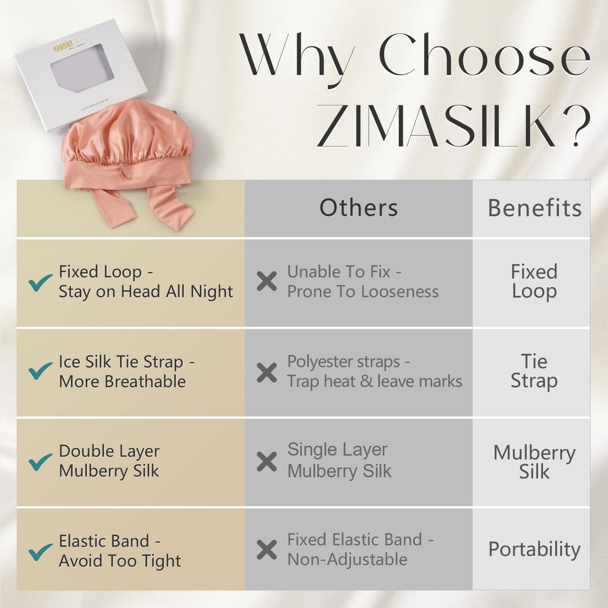 ZIMASILK bonnet on model with long hair showing hair protection and frizz reduction