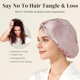 ZIMASILK bonnet on model side profile showing reduced frizz and protected hair overnight