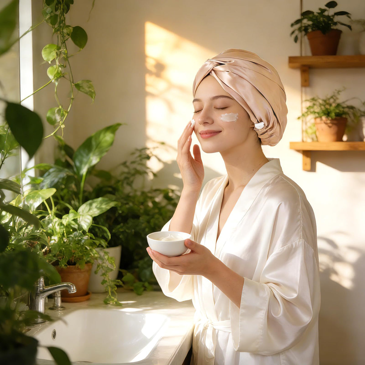 ZIMASILK bonnet held in hand for size comparison illustrating compact, lightweight design