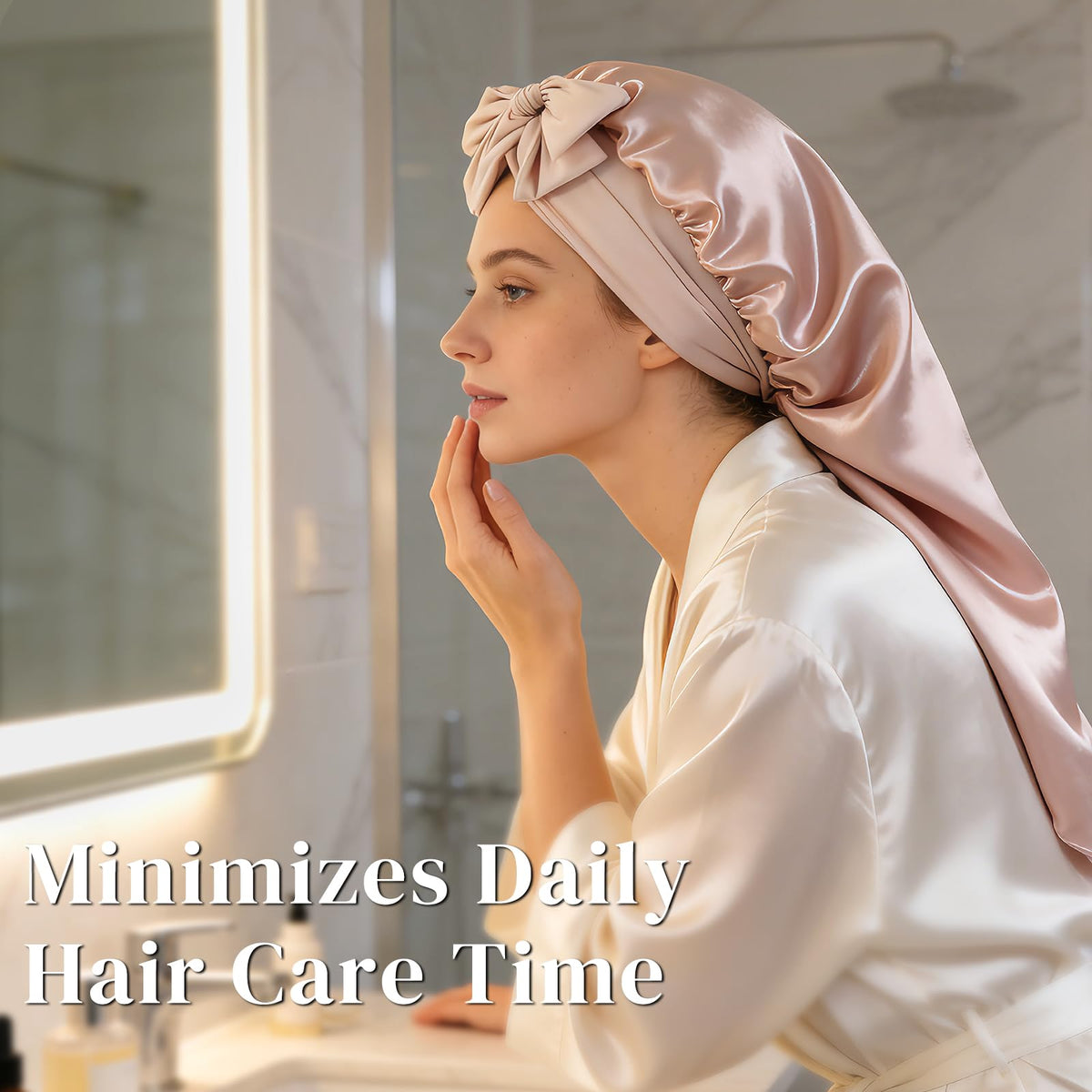 ZIMASILK bonnet beside ruler and braid to show extra-long capacity for long hair