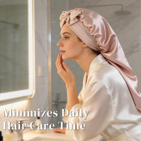 ZIMASILK bonnet beside ruler and braid to show extra-long capacity for long hair