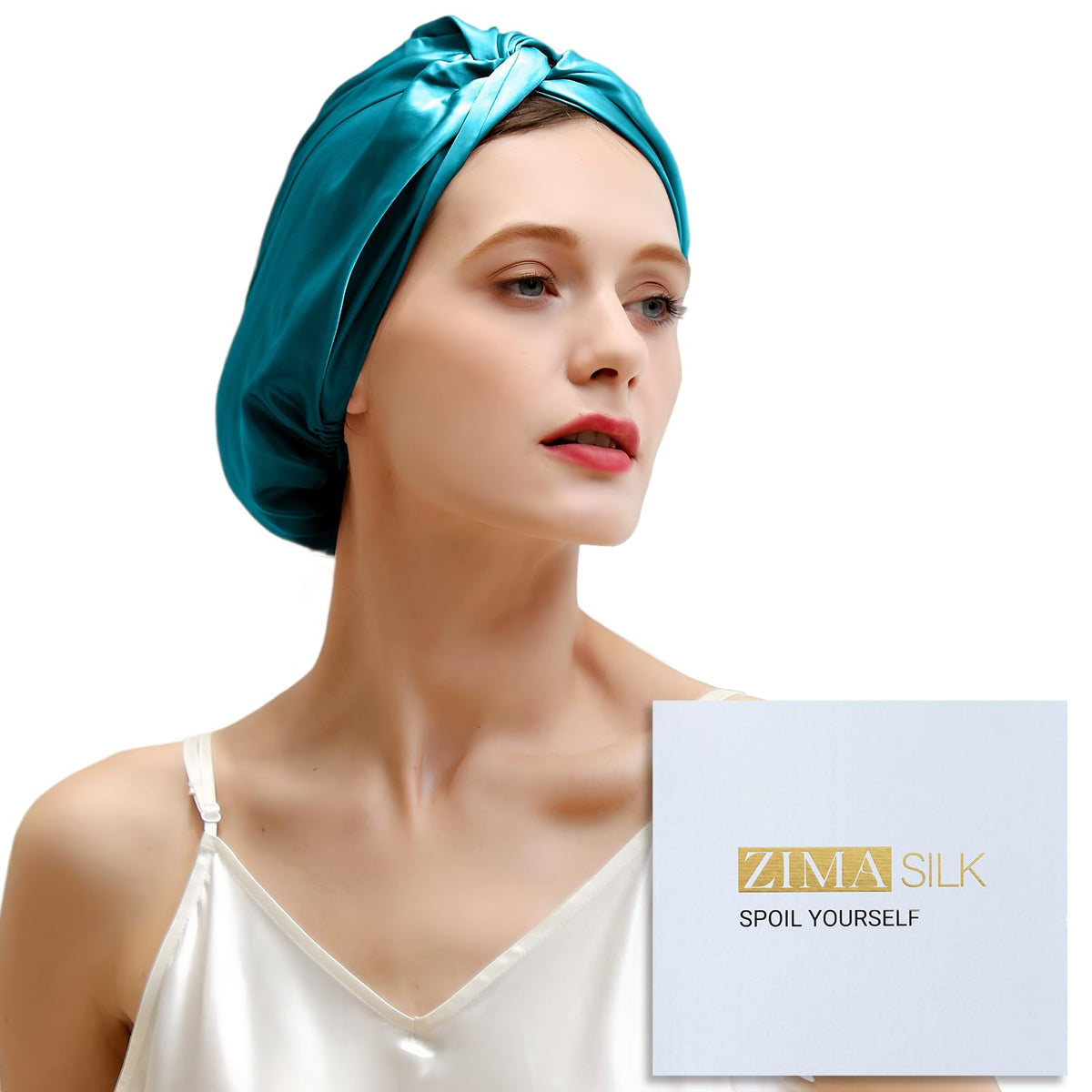 ZIMASILK turquoise bonnet front view showing elegant fit and sheen benefit