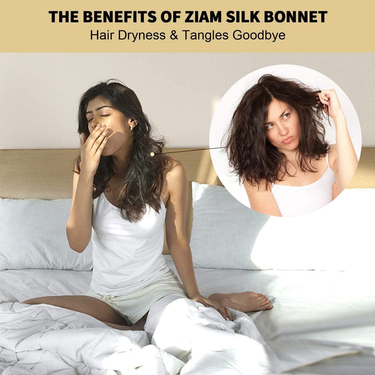 ZIMASILK bonnet worn by woman sleeping demonstrating hair protection benefit