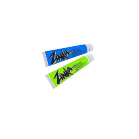 Zinka front packaging showing blue and green tubes and clear benefit
