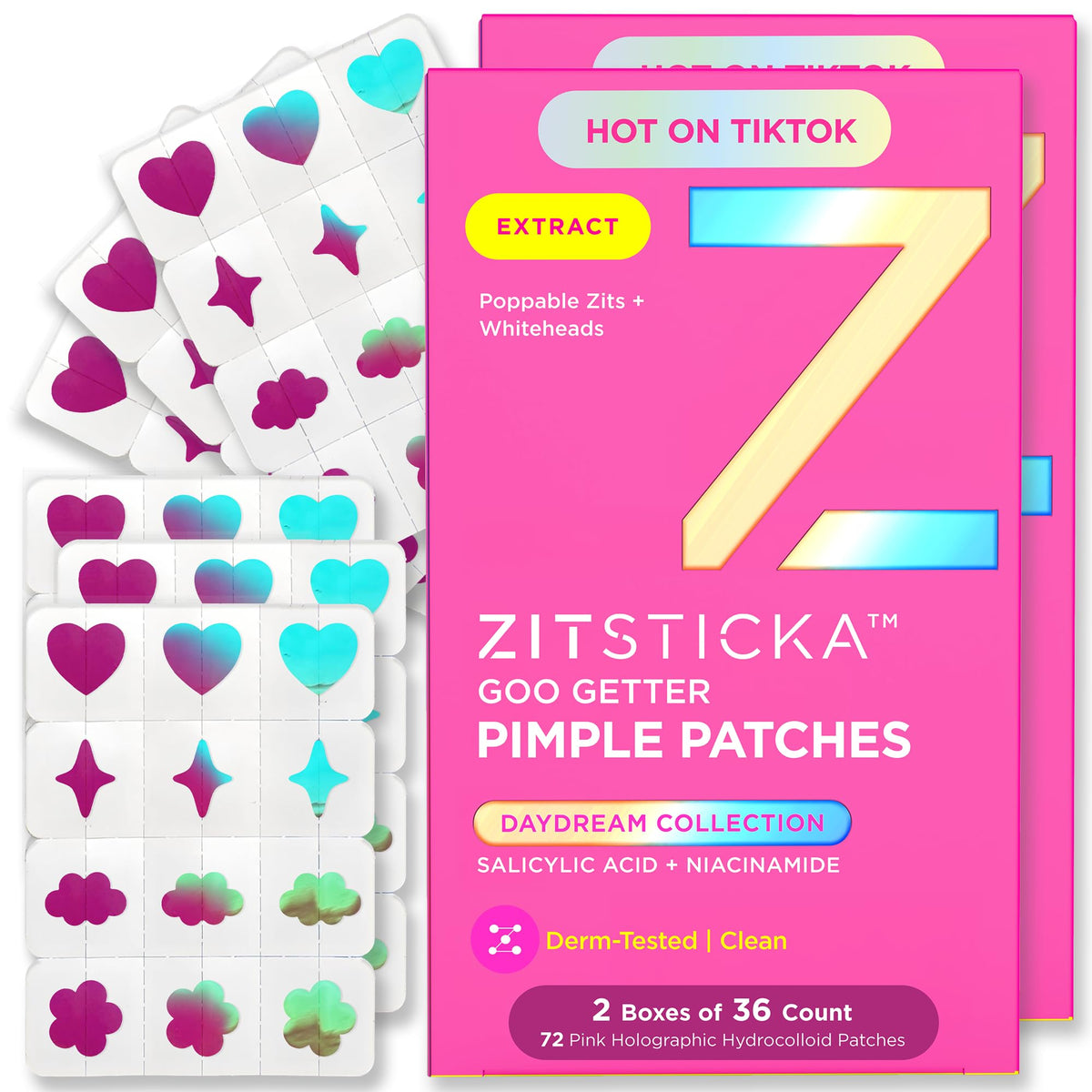 ZitSticka front packaging showing DreamHolo 72-count value pack and holographic design