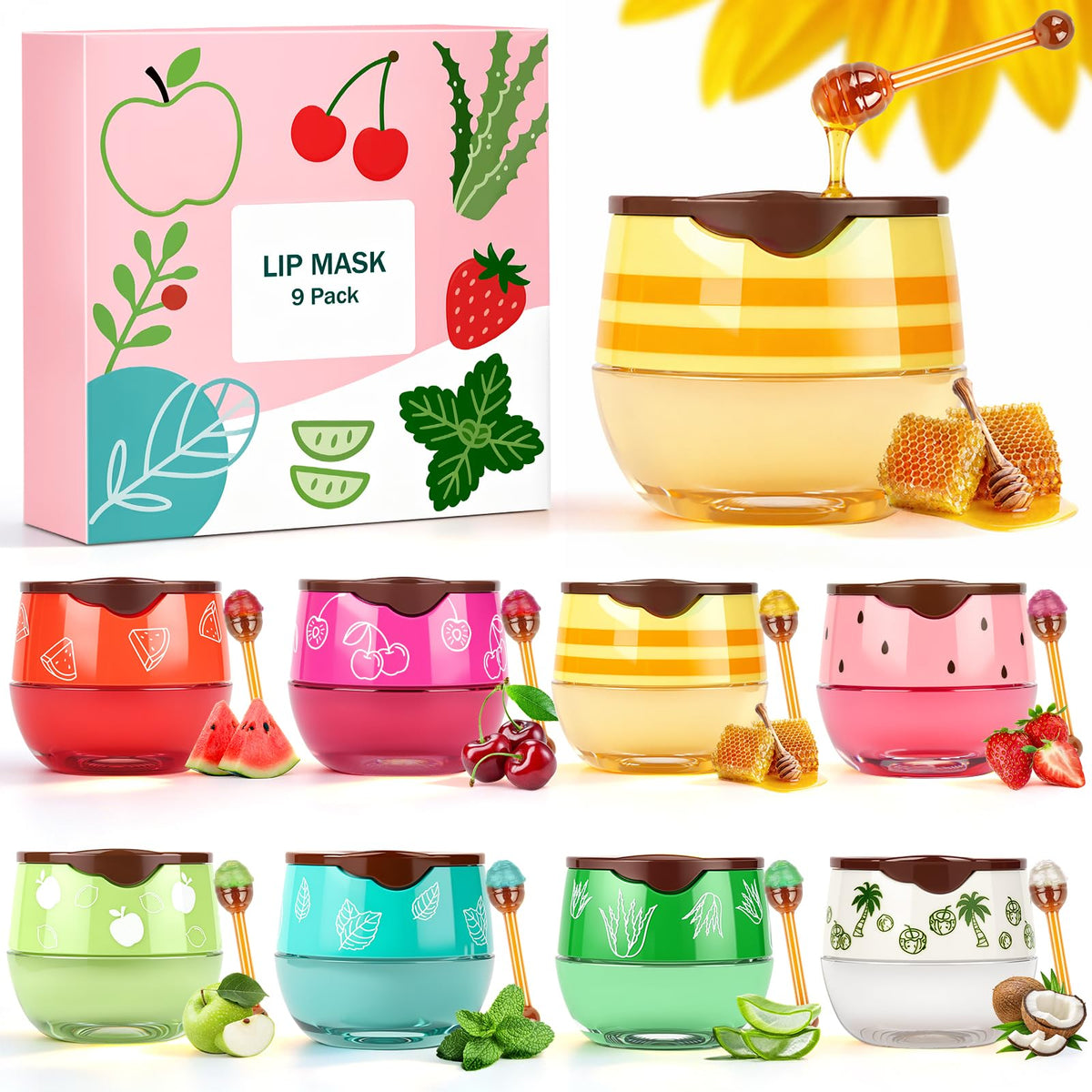 ZKONLY front packaging showing nine honey-jar lip masks and bright flavors for giftability