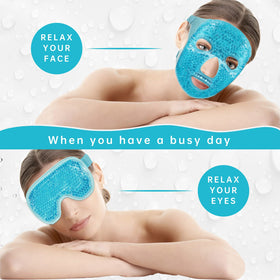 Person wearing ZNÖCUETÖD mask for soothing eye relief