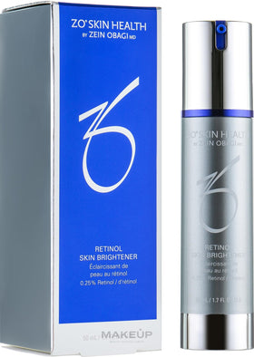 ZO SKIN HEALTH front packaging of retinol skin brightener shows bottle and branding, emphasizes professional formulation