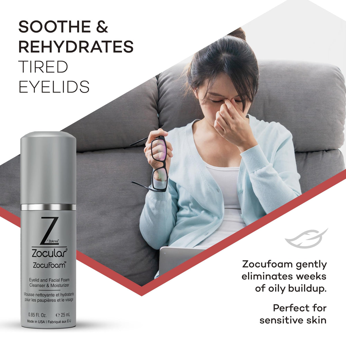 Zocular bottle on bathroom shelf in lifestyle setting showing daily routine benefit