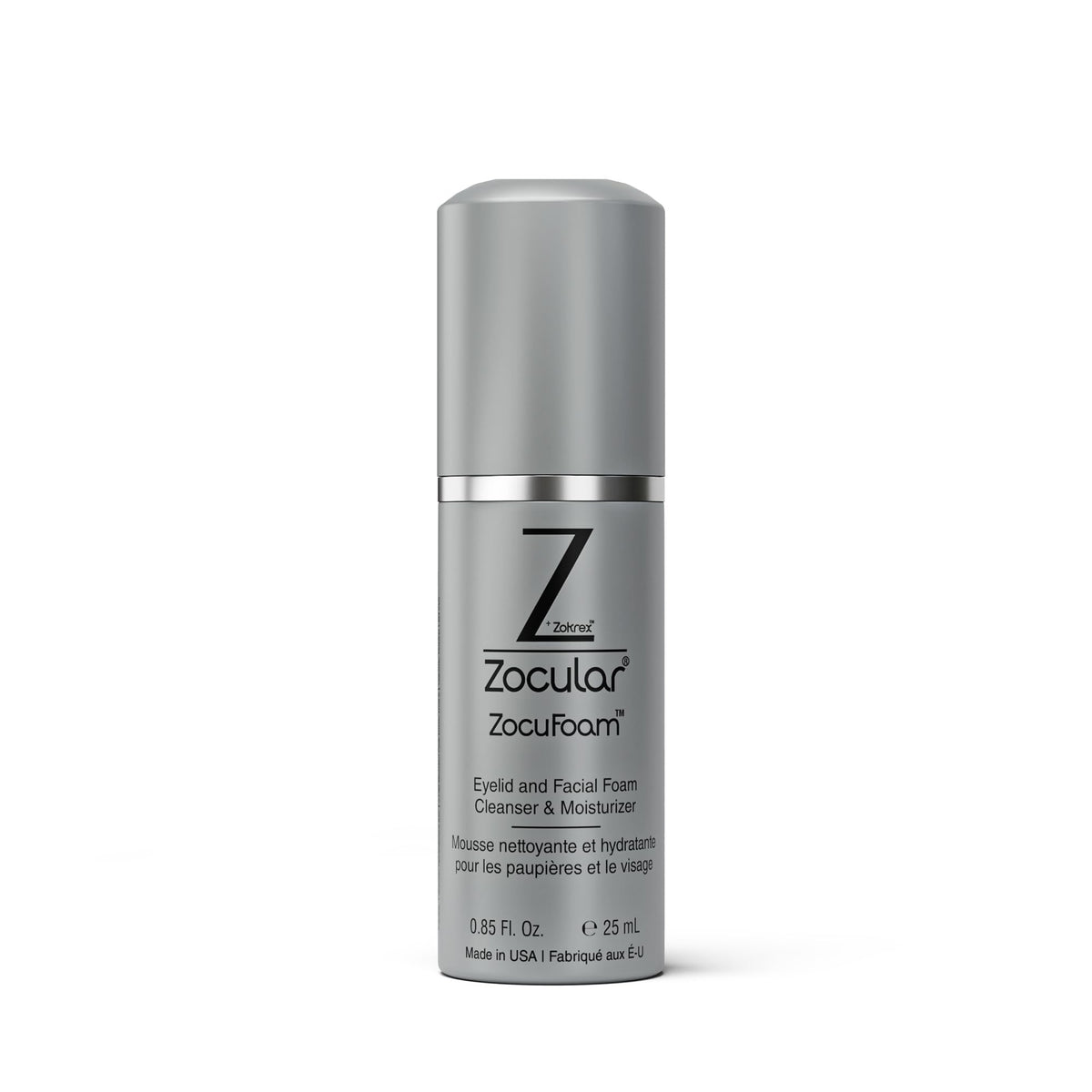Zocular front packaging showing 25 mL bottle and travel-ready design benefit