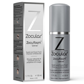 Zocular ZocuFoam front pump bottle showing label and 50 mL size, promotes easy dispensing