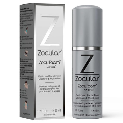 Zocular ZocuFoam front pump bottle showing label and 50 mL size, promotes easy dispensing
