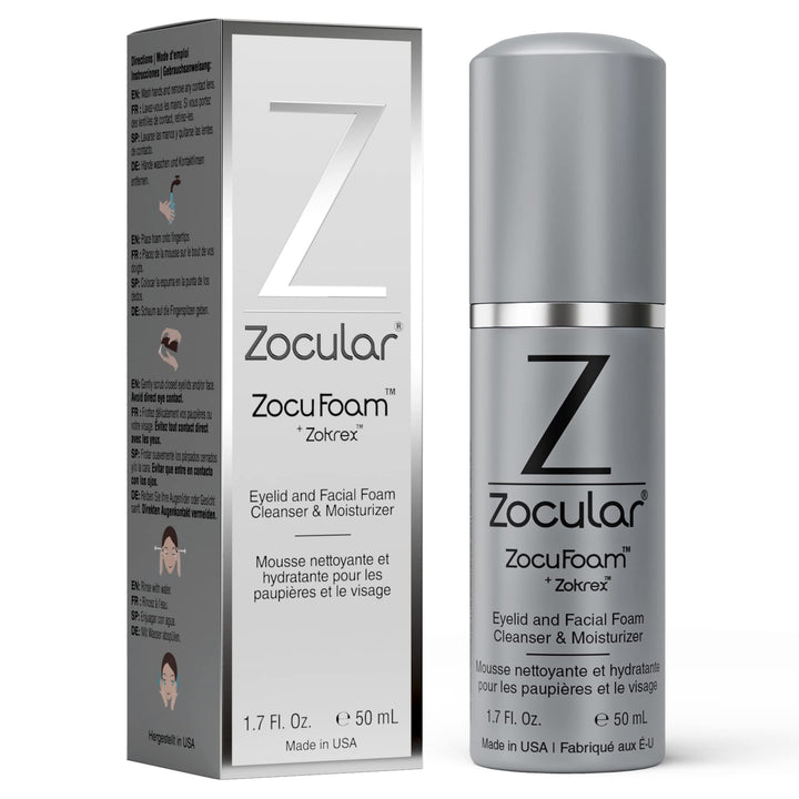 Zocular ZocuFoam front pump bottle showing label and 50 mL size, promotes easy dispensing