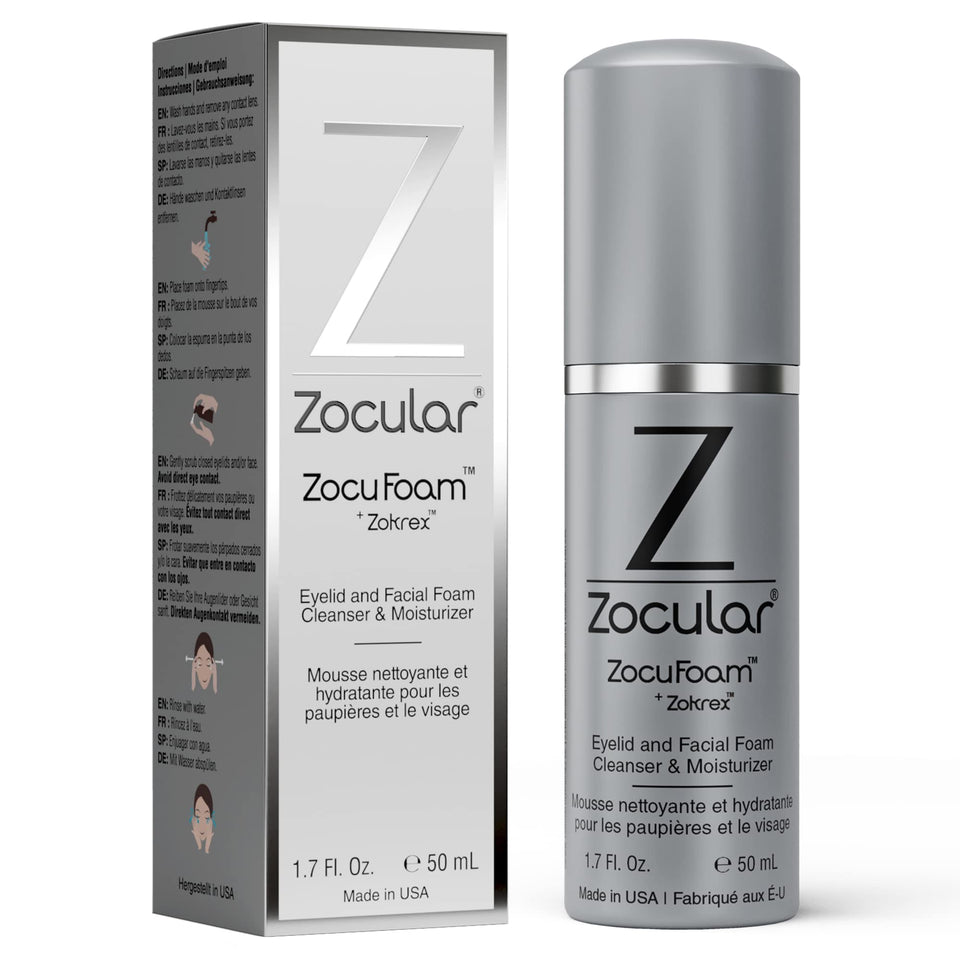 Zocular ZocuFoam front pump bottle showing label and 50 mL size, promotes easy dispensing