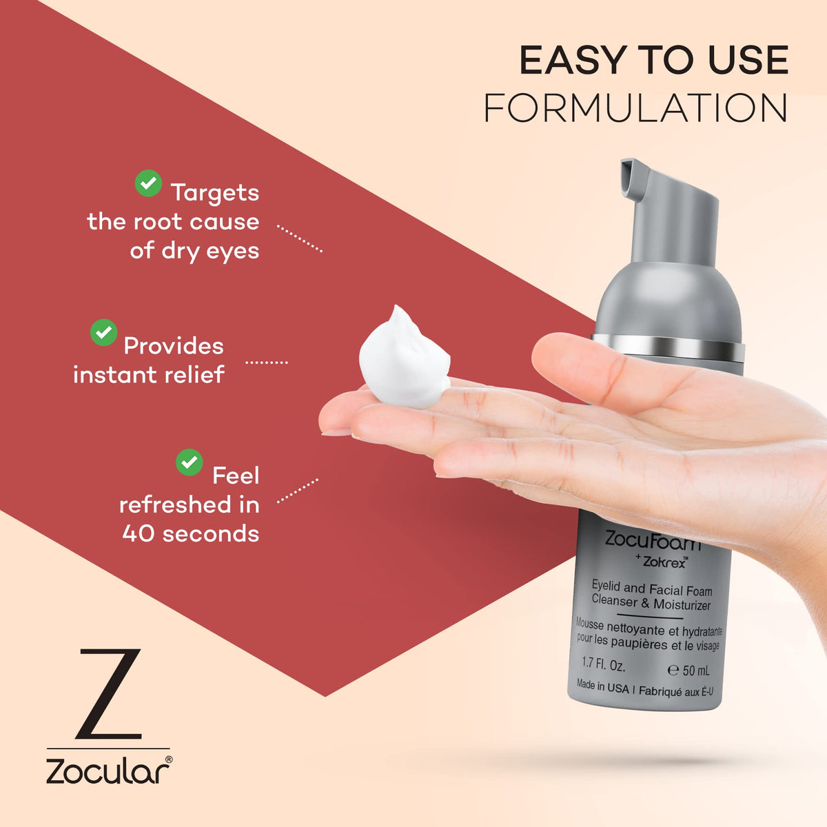 Zocular ZocuFoam label close-up with ingredient list, highlights Zokrex okra-based formula