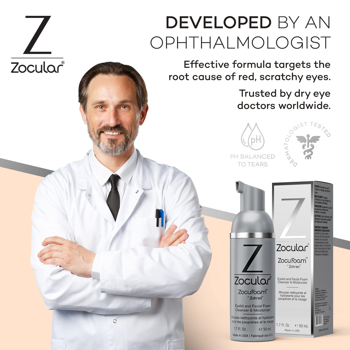 Zocular ZocuFoam on bathroom counter by sink, suggests daily routine convenience