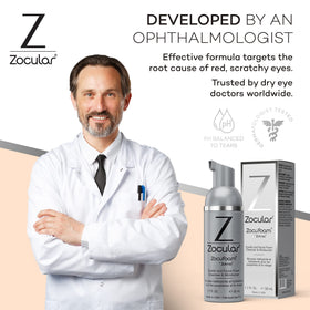 Zocular ZocuFoam on bathroom counter by sink, suggests daily routine convenience