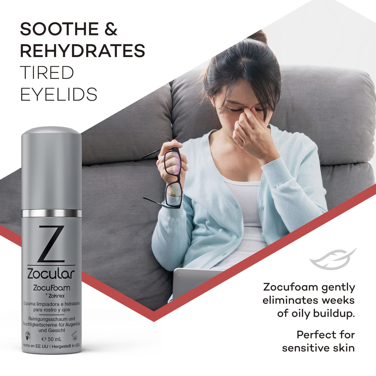 Zocular ZocuFoam before and after makeup removal, illustrates effective residue cleaning
