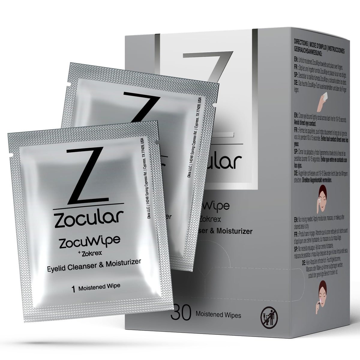 Zocular ZocuWipe front packaging showing 30-count and benefits for easy travel
