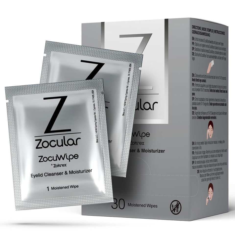 Zocular ZocuWipe front packaging showing 30-count and benefits for easy travel