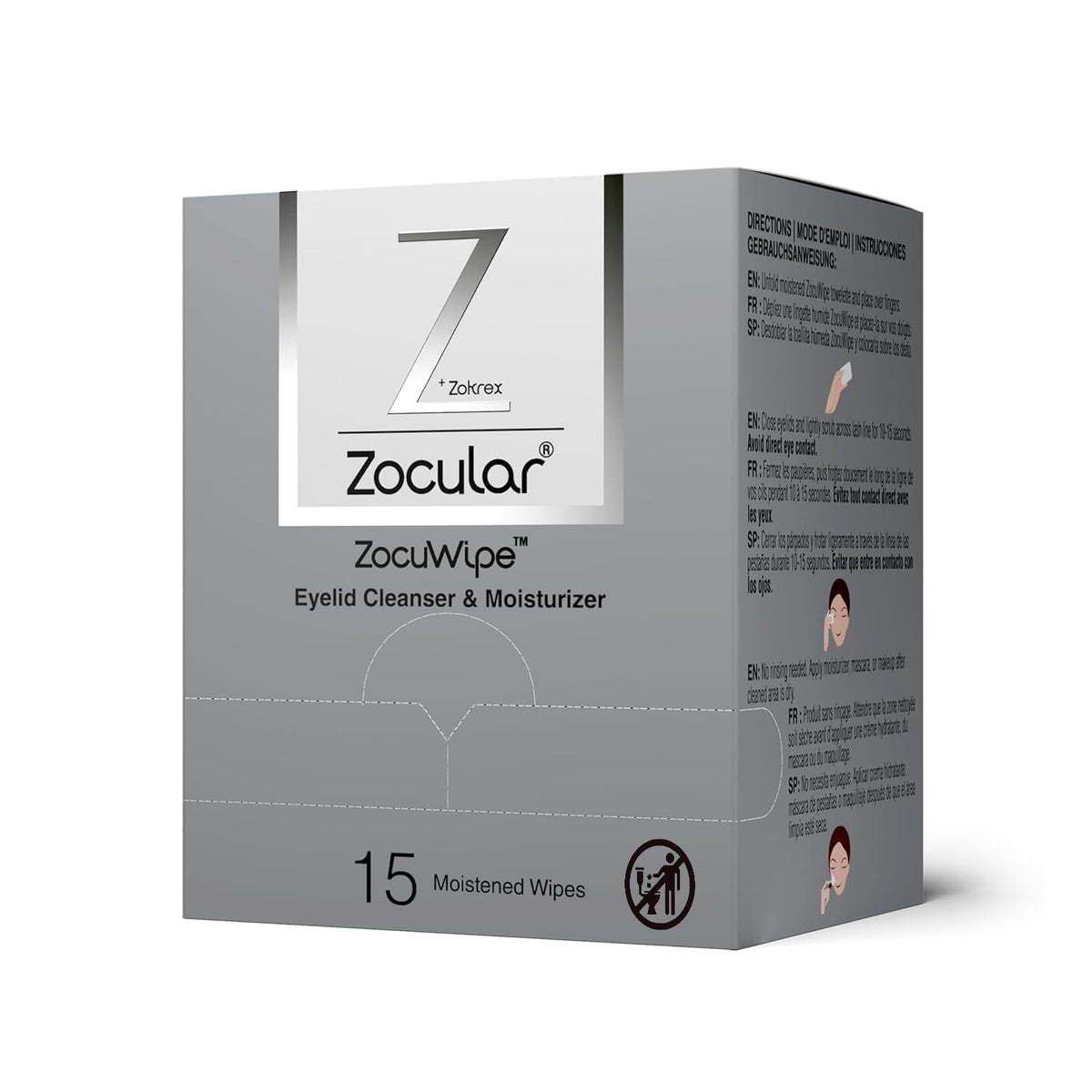 Zocular front packaging showing 15-count wipes and product branding benefits