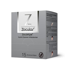 Zocular front packaging showing 15-count wipes and product branding benefits